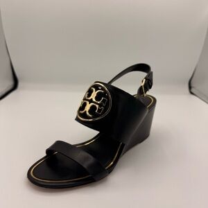 Tory Burch Metal Miller Wedge Sandals Black & Gold Logo Size 7